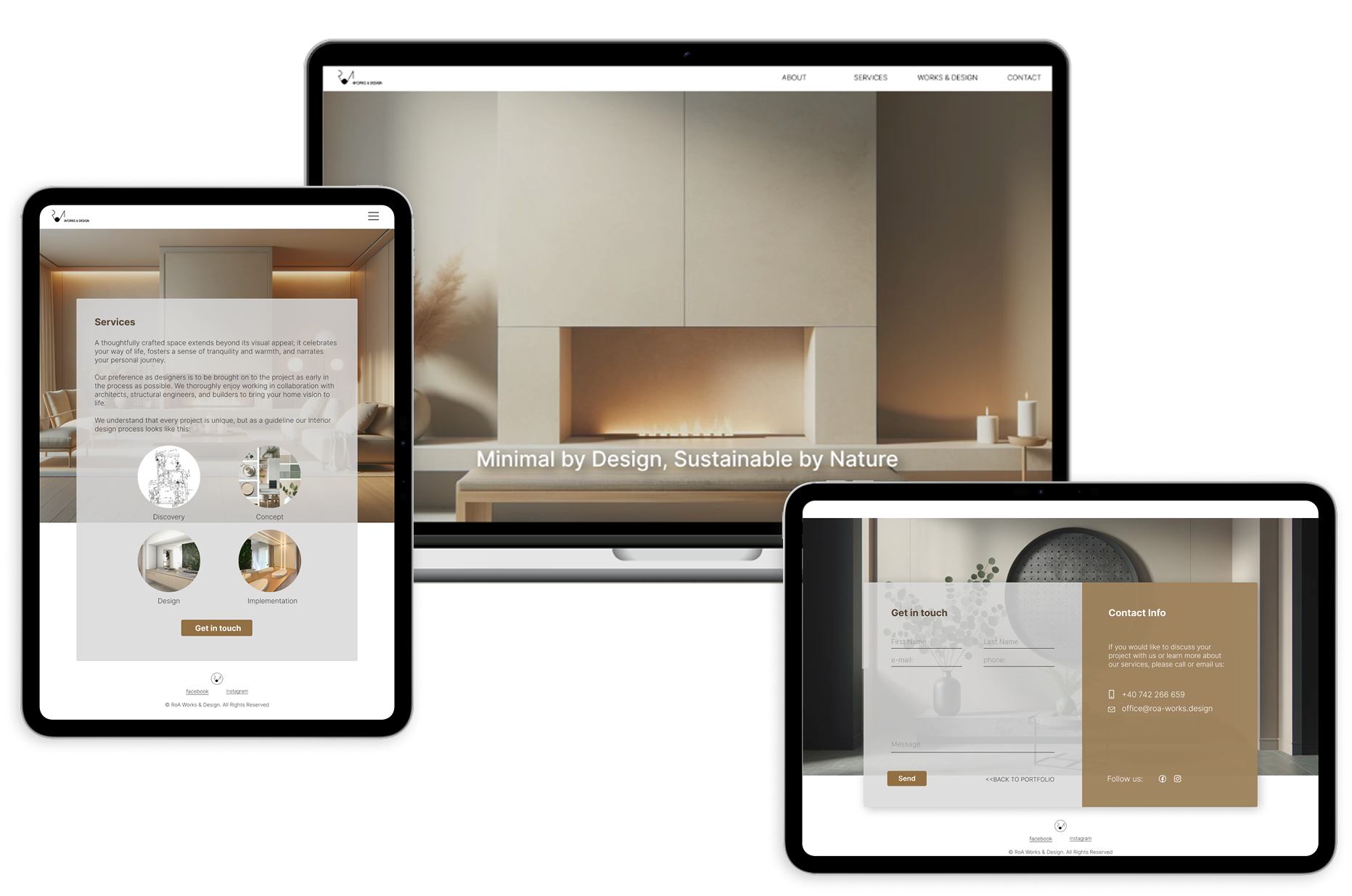 Responsive interior design website on laptop and tablets, showcasing minimalist design, services, and contact page with a clean, modern aesthetic.