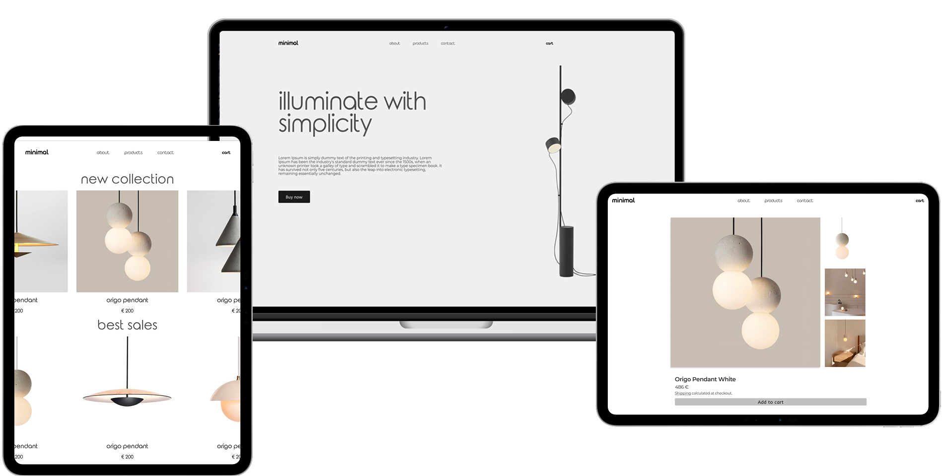 Minimalist e-commerce website design on laptop and tablets featuring modern lighting products, clean typography, and responsive layout for optimal user experience.