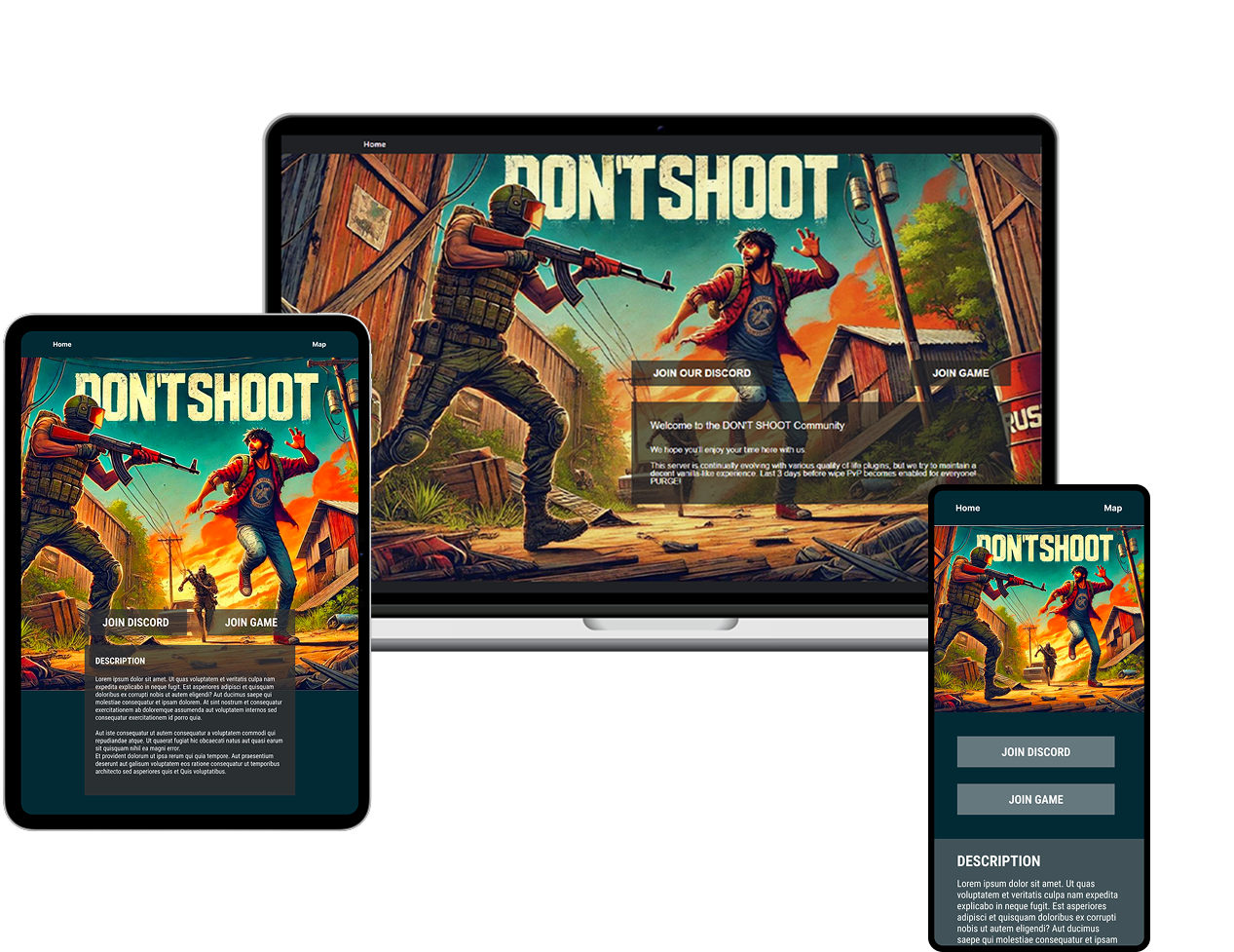 Responsive web design showcasing a first-person shooter game called 'DON'T SHOOT' displayed on a laptop, tablet, and smartphone. The design features vibrant game artwork with armed characters, prominent 'Join Discord' and 'Join Game' buttons, and a user-friendly interface with consistent branding across all devices.