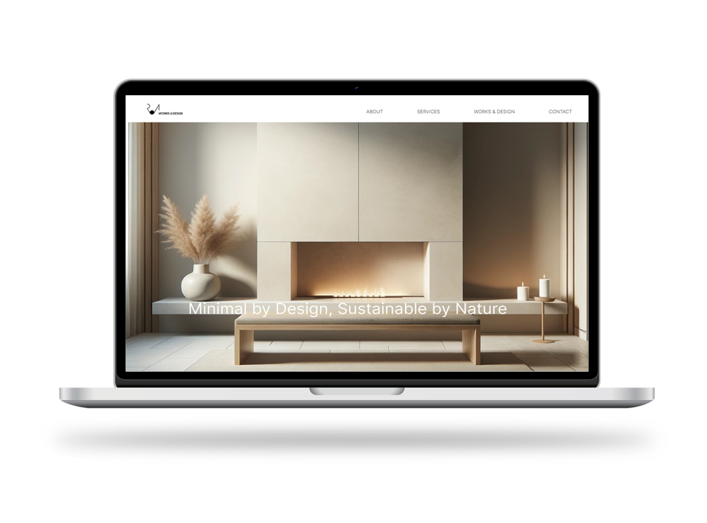 Laptop displaying a minimalist design portfolio website with a fireplace interior background.