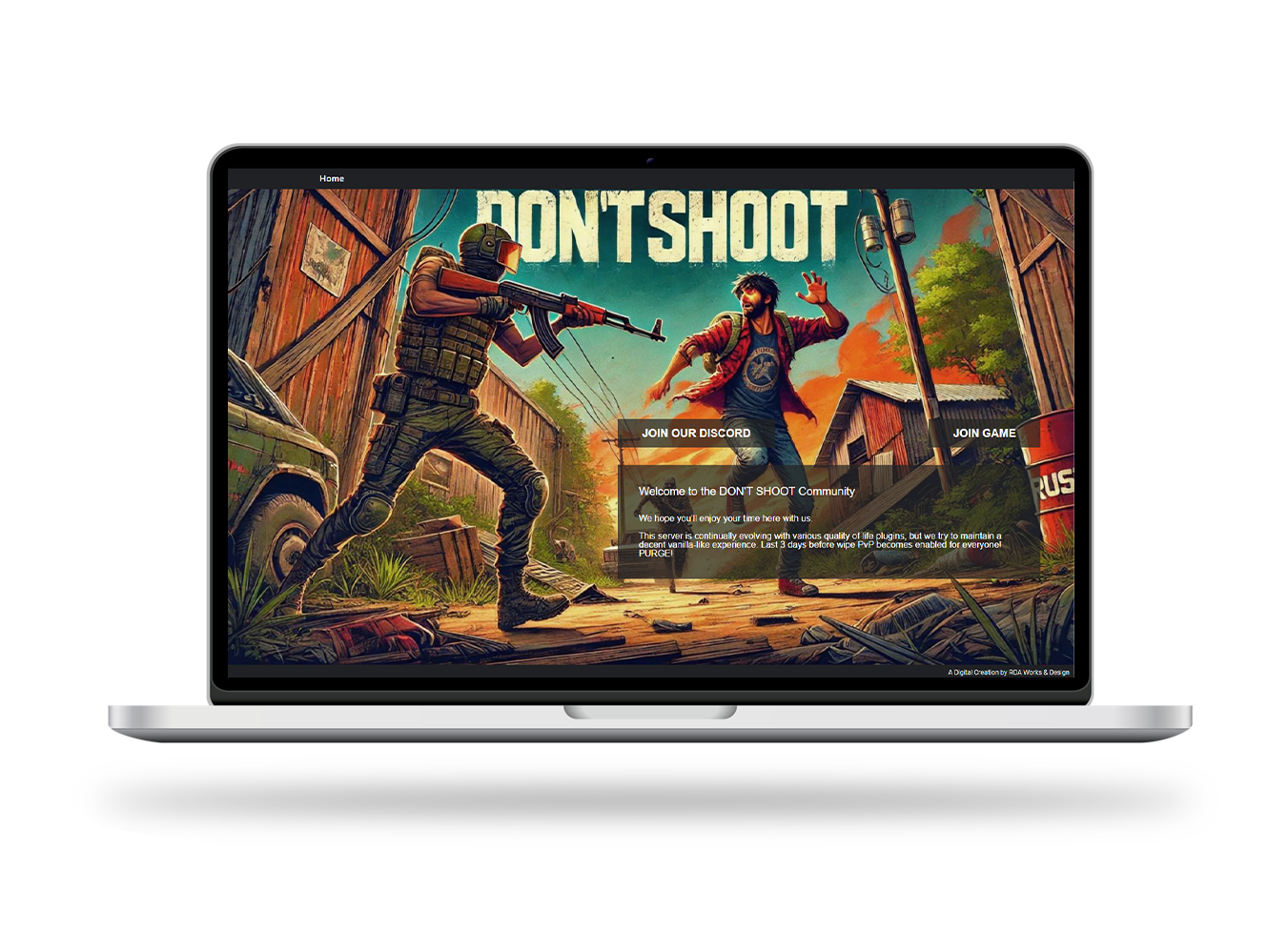 Laptop displaying a gaming server landing page for 'Don't Shoot,' featuring an action-packed scene with a soldier and a survivor.