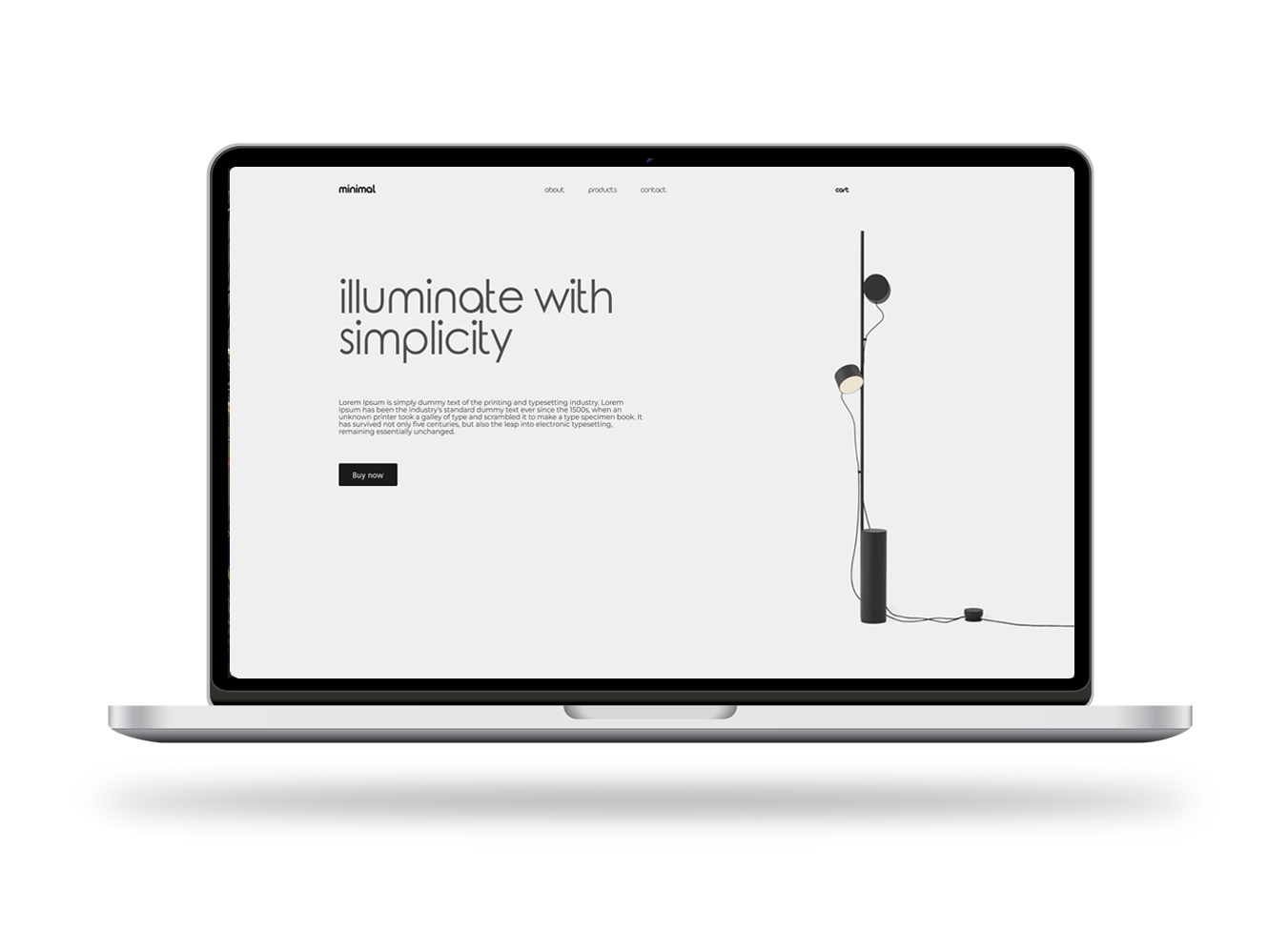 Laptop displaying an e-commerce website with a minimalist aesthetic, featuring a modern lighting product and clean typography.