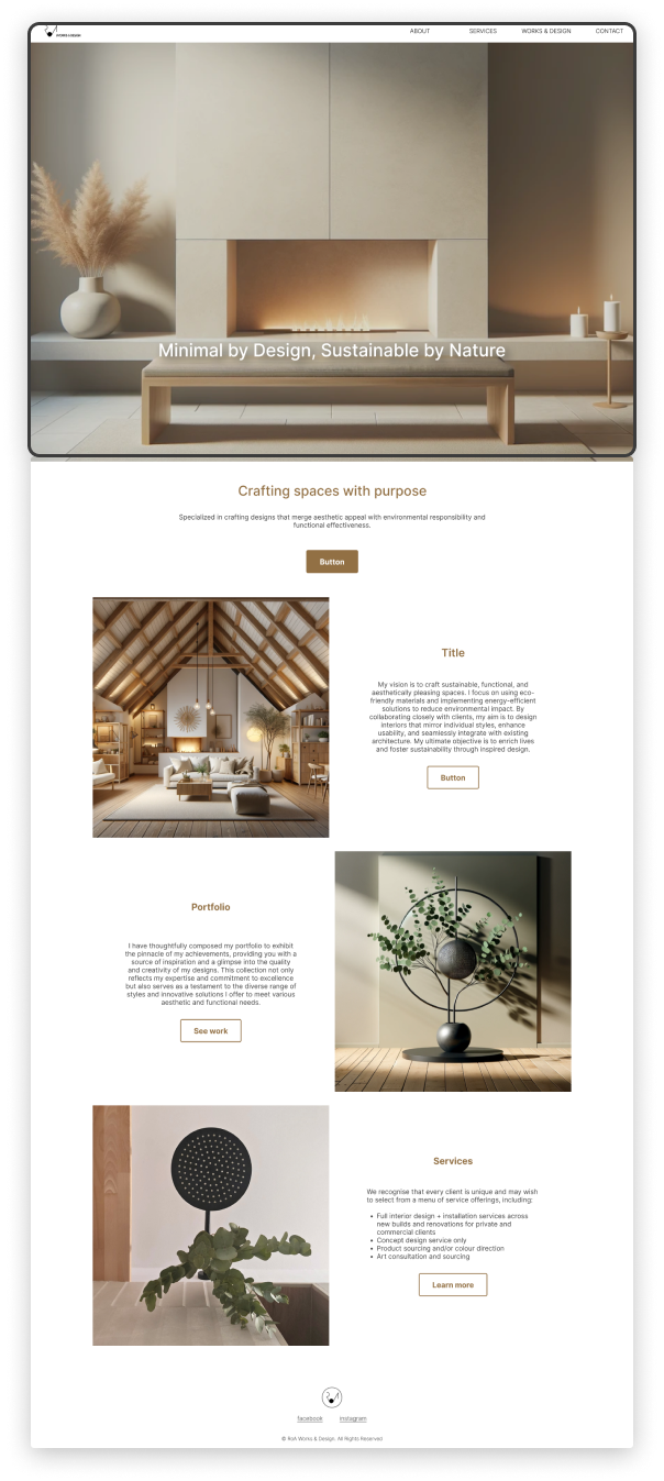 UI/UX case study mockup: Clean and minimalist website design for an interior design studio, showcasing modern aesthetics and simplicity