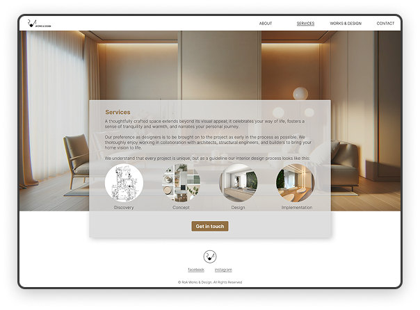 Service page mockup for an interior design studio website, featuring a clean design with a step-by-step service process and a call-to-action button.