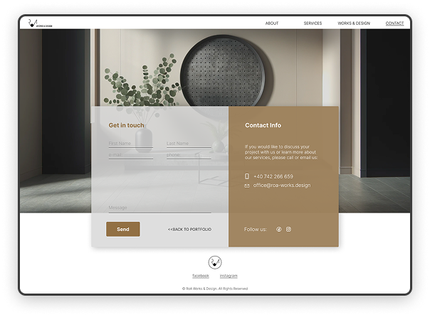 Contact page mockup for an interior design studio, blending elegant design with accessible contact information and a modern aesthetic.