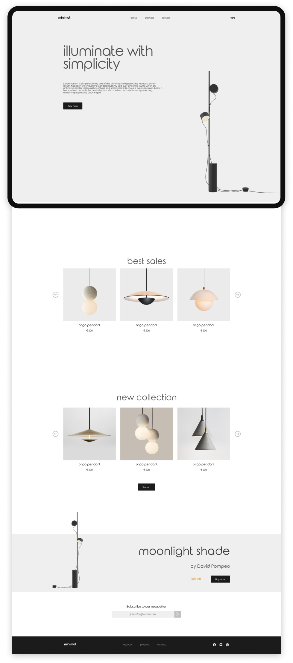 Origo Pendant White light product page showcasing minimalist design, detailed specifications, and modern lighting aesthetics for e-commerce