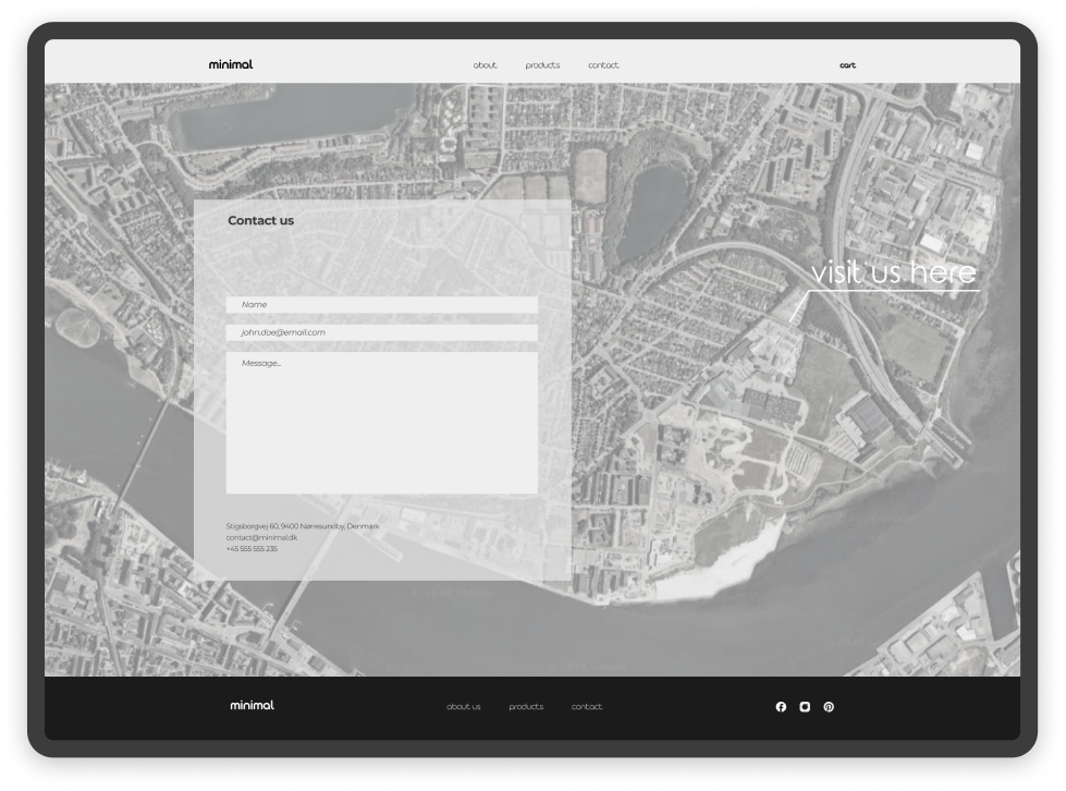 E-commer ce website contact page with a map, contact form, and store location in Nørresundby, Denmark, for seamless customer interaction.