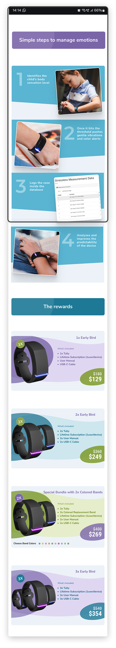 Tully smart bracelet step-by-step emotion management process and available product packages, including early bird offers and bundles with colored replacement bands.