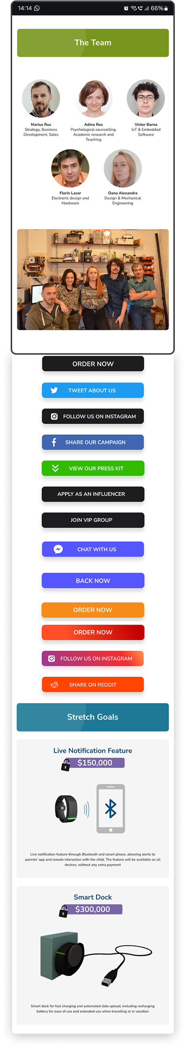 The Tully development team and action buttons for ordering, social media sharing, and accessing additional resources, along with stretch goals for the product.